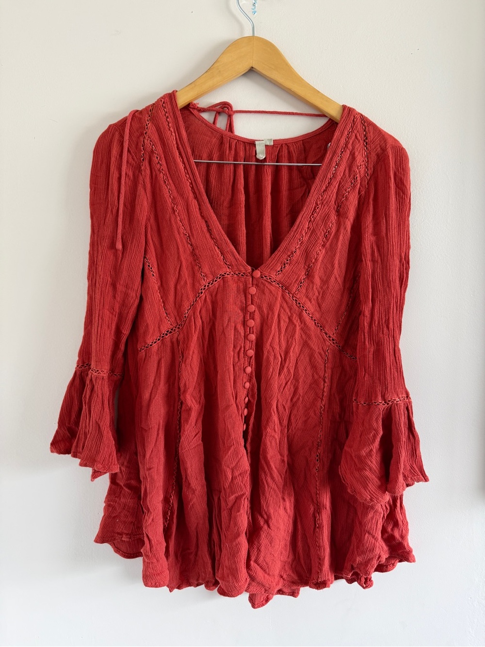 Boho Red Long-Sleeve V-Neck Tunic Dress with Button Front